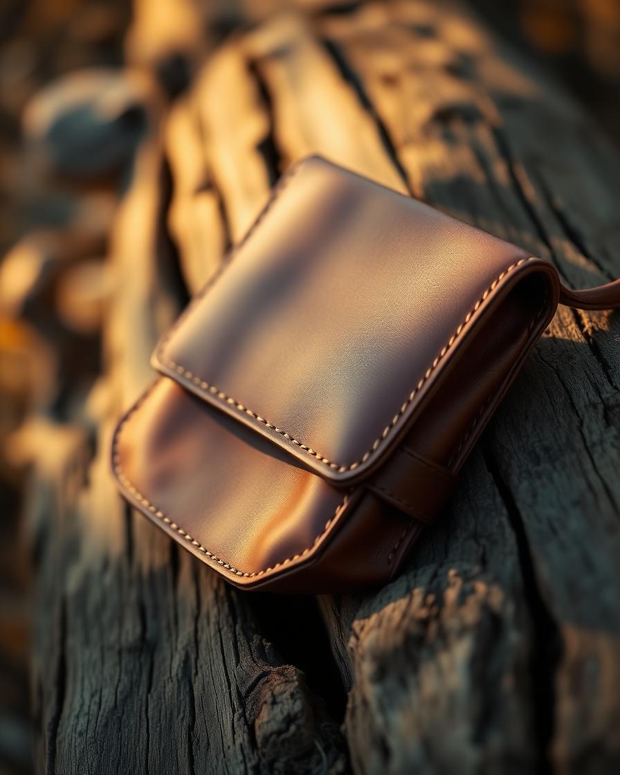 Hand-stitched leather purse on weathered wood